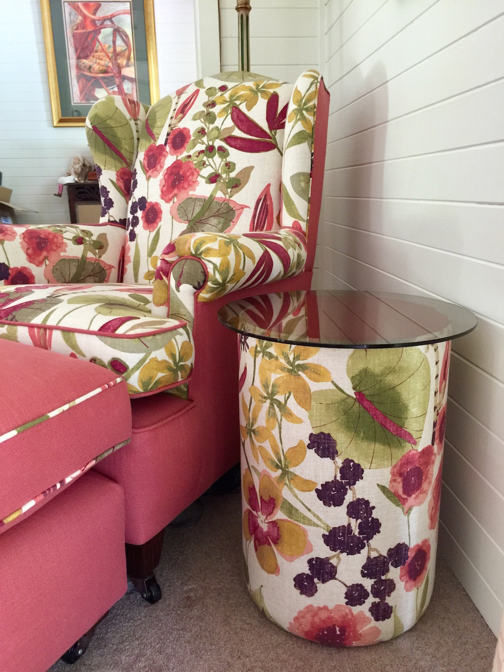Chair & Ottoman Table In Sanderson Nalina Fabric