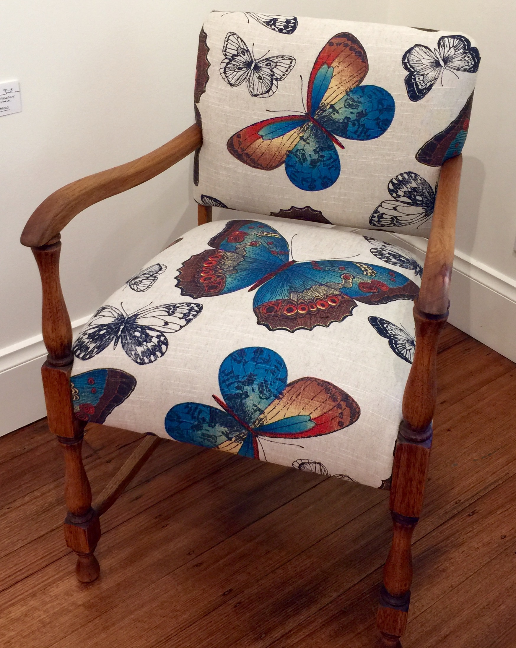 timber bridge chair in butterfly fabric
